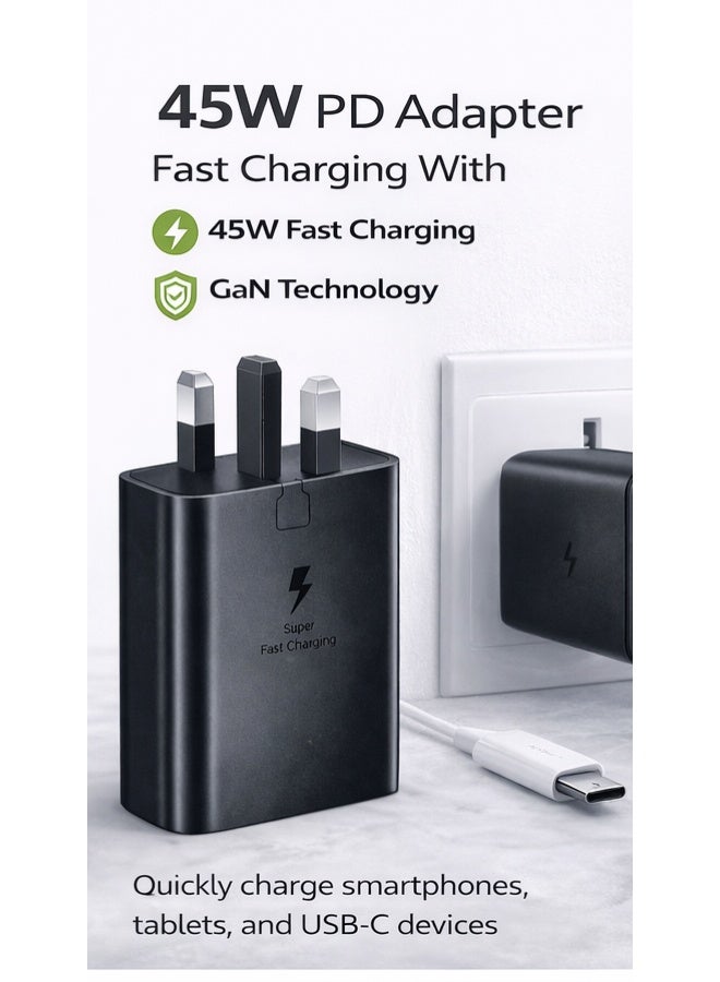 جولدن بلس شاحن فائق السرعة USB-C بقوة 45 واط مع كابل من النوع C بطول 1 متر، متوافق مع أجهزة سامسونج S24 وS23 ألترا، وآيفون 15 برو ماكس، وآيباد، وماك بوك. شاحن جداري USB-C للشحن السريع. - Image 2
